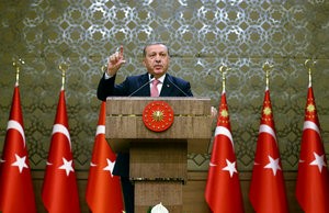 © Reuters. Turkey's President Tayyip Erdogan addresses the audience during a meeting at the Presidential Palace in Ankara