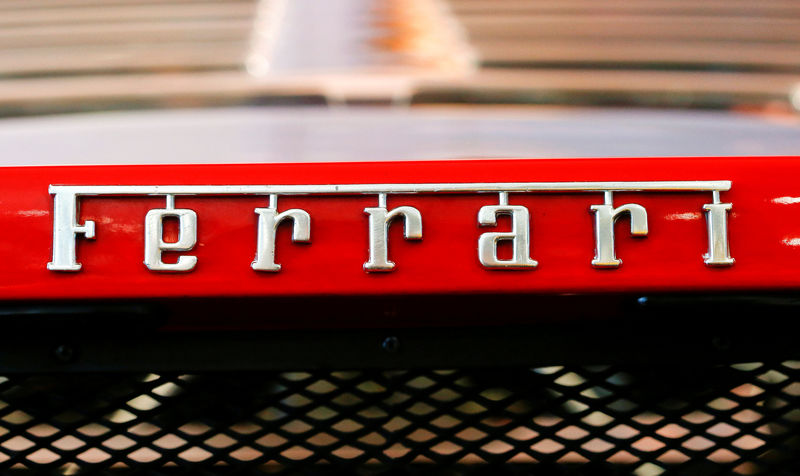 © Reuters. A name of Italian manufacturer Ferrari is seen in Zurich