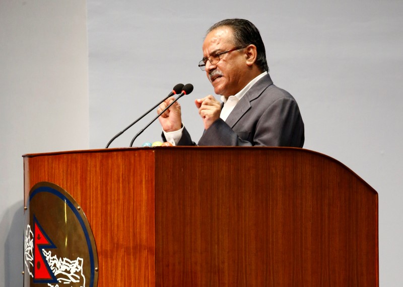 © Reuters. Prime Minister candidate and Chairman of the Unified Communist Party of Nepal (Maoist) Pushpa Kamal Dahal, also known as Prachanda, speaks at the parliament during the prime ministerial election at the parliament in Kathmandu