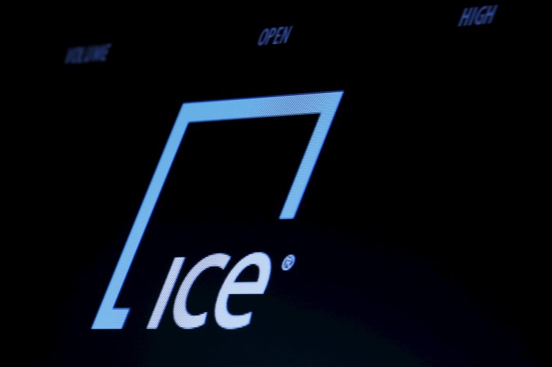 © Reuters. A screen displays the ticker symbol and logo for Intercontinental Exchange Inc. (ICE) on the floor of the NYSE