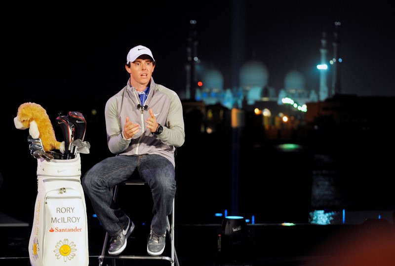 © Reuters. Rory McIlroy of Northern Ireland speaks during a presentation unveiling him as Nike's new ambassador in Abu Dhabi