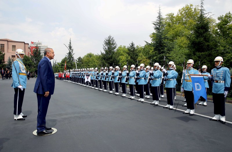 © Reuters. Turkey's President Tayyip Erdogan reviews a guard of honour as he arrives to the Chief of Staff Headquarters in Ankara