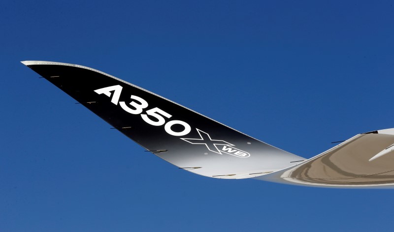 © Reuters. A winglet of the Airbus A350 XWB flight-test aircraft is pictured during a media day event at Guarulhos airport in Sao Paulo