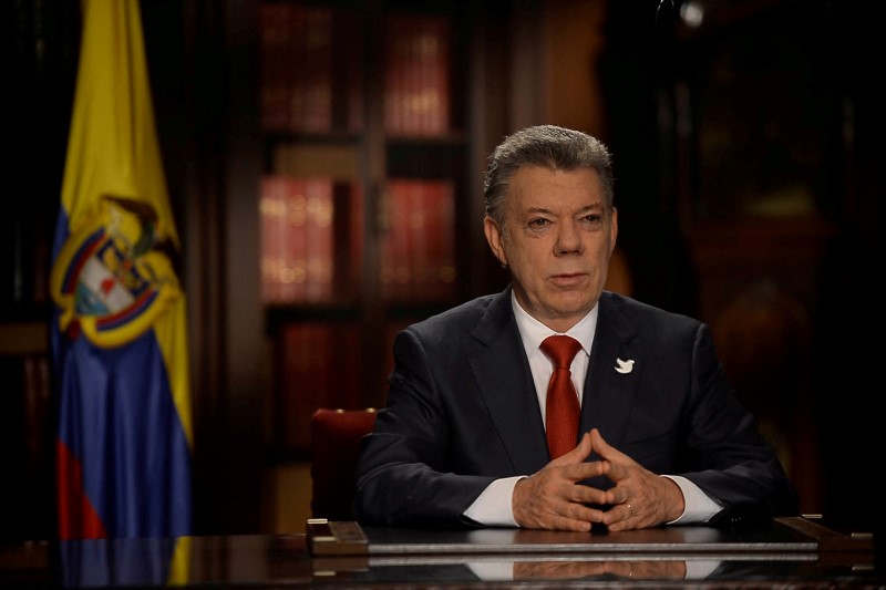 © Reuters. Colombia's President Santos speaks during the World Economic Forum in Bogota, Colombia