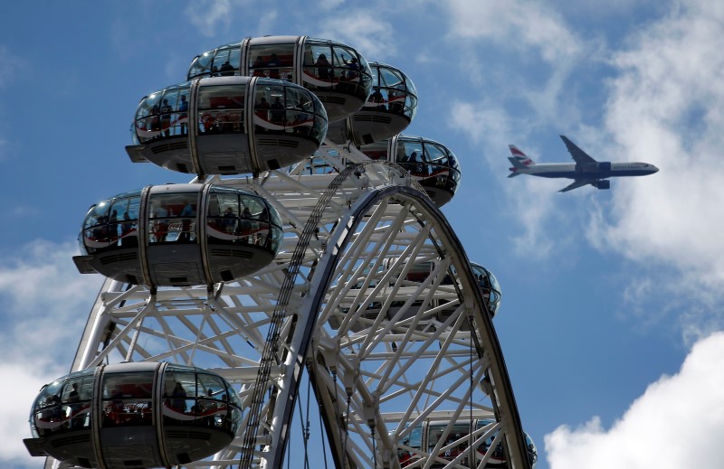 © Reuters. A Heathrow bound airliner flies above the London Eye ferris wheel in London