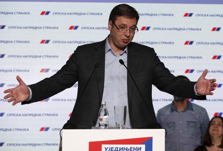 © Reuters. Serbian Prime Minister and leader of the Serbian Progressive Party  Vucic reacts after elections in Belgrade