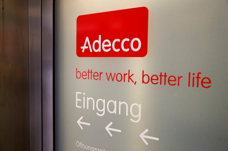 © Reuters. The logo of Swiss staffing group Adecco is seen at a branch in Zurich