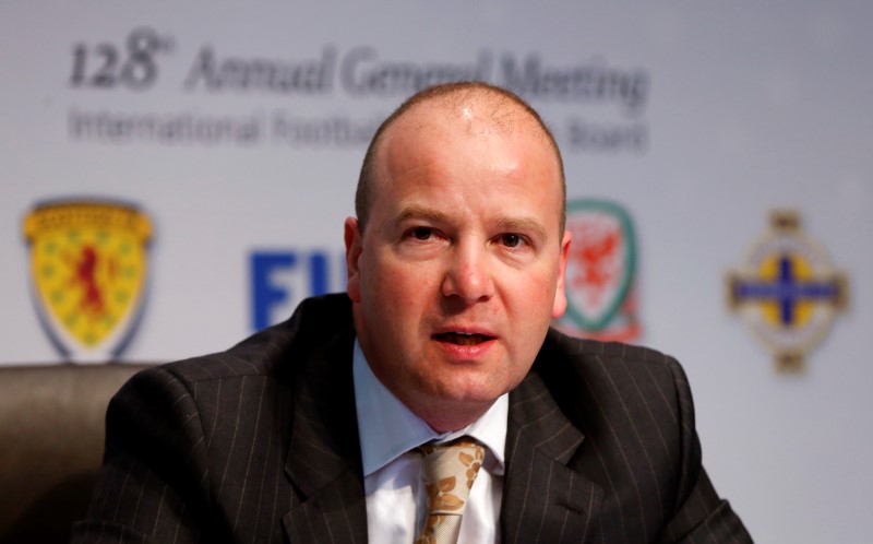 © Reuters. Ford, CEO of the Football Association of Wales addresses a news conference after a meeting of the IFAB in Zurich