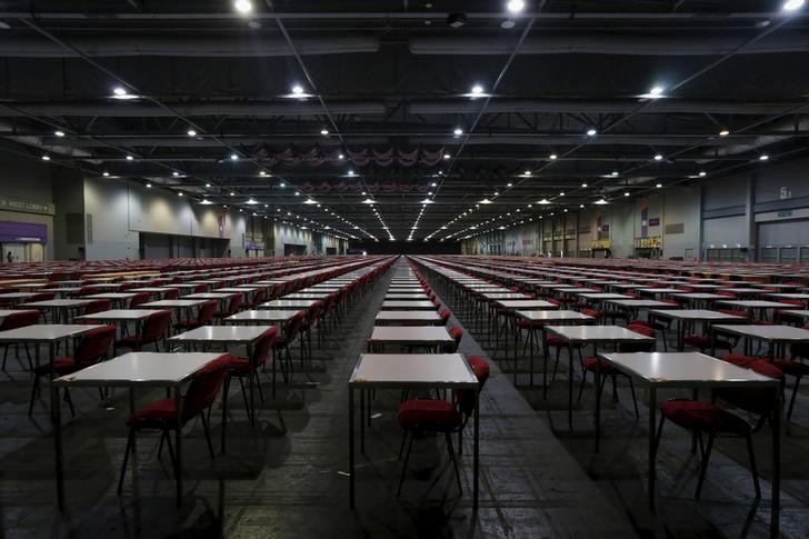 © Reuters. Thousands of tables are seen inside a hall in Hong Kong, one day before SAT examinations to be taken place