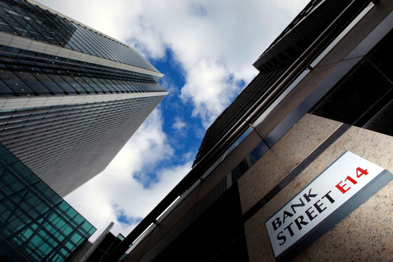 © Reuters. File photo of a sign for Bank Street and high rise offices in the financial district Canary Wharf in London