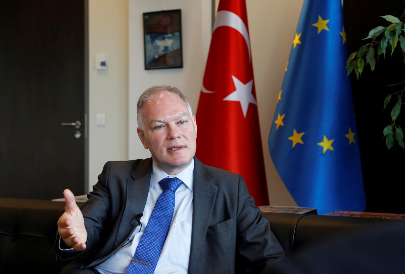 © Reuters. Turkish ambassador to the EU Yenel speaks during an interview with Reuters in Brussels