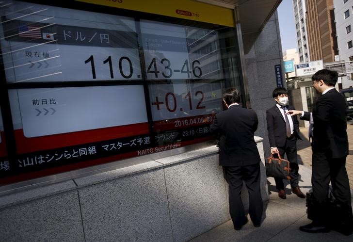 © Reuters. Businessmen stand in front of electronic boards showing the exchange rate between Japanese yen against the U.S. dollar outside a brokerage in Tokyo