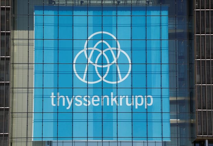 © Reuters. The new logo of ThyssenKrupp is seen at the headquarters of the steel maker and multinational conglomerate in Essen