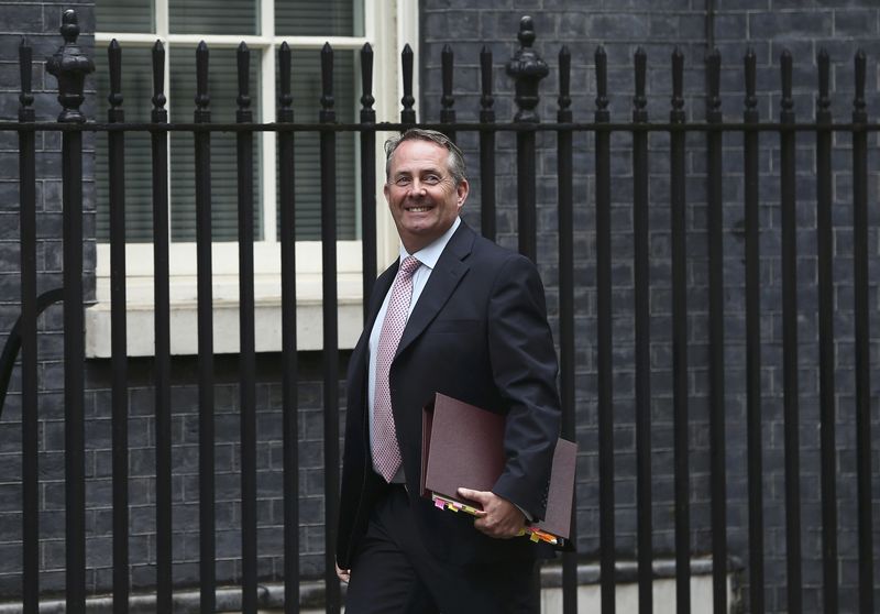 © Reuters. File photo of Britain's International Trade Secretary Liam Fox arriving for a meeting of the "Cabinet Committee on Economy and Industrial Strategy" at Number 10 Downing Street in London