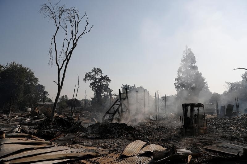 © Reuters. احتراق 175 منزلا وشركة مع امتداد حريق غابات إلى بلدة في كاليفورنيا