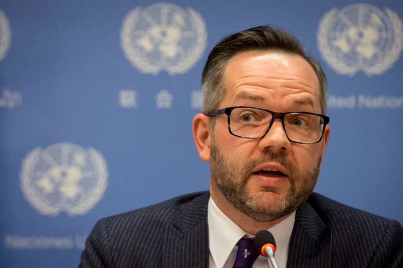 © Reuters. Germany's Minister of State for Europe Michael Roth speaks during a news conference at the United Nations headquarters in New York