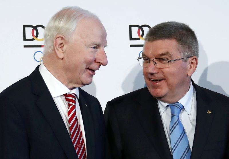 © Reuters. File photo of EOC President Hickey and IOC President Bach in Frankfurt