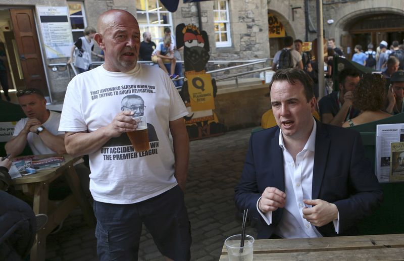 © Reuters. Comedian Matt Forde relaxes after performing his show "It's My Political Party (and I'll Cry if I Want to)", at the Edinburgh Fringe Festival in Edinburgh