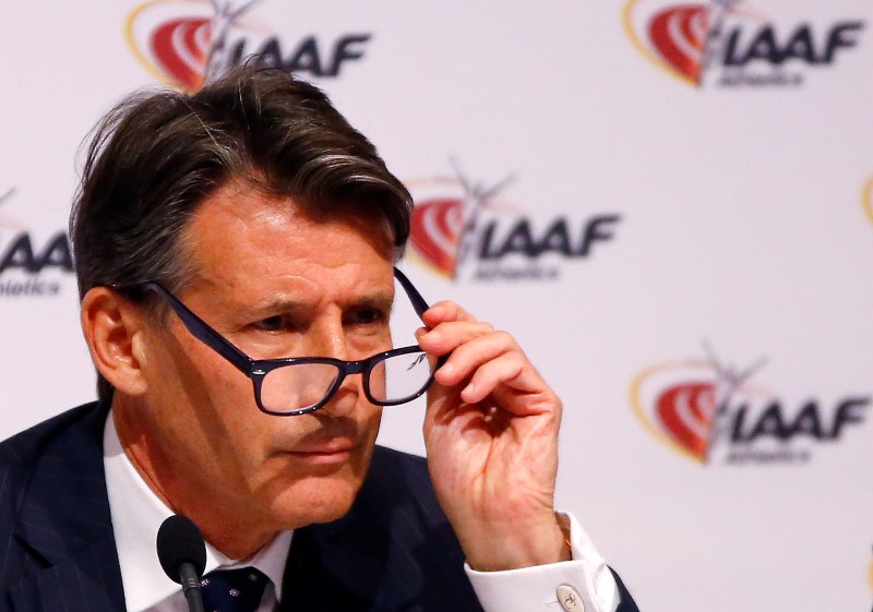 © Reuters. IAAF President Coe attends a news conference after IAAF council meeting in Vienna