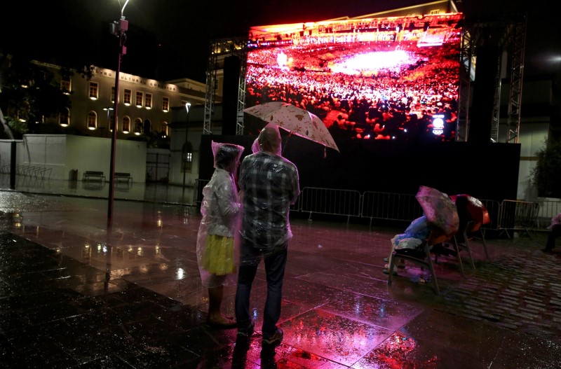 © Reuters. People stand in the rain while watching the 2016 Rio Olympics closing ceremony on a large screen in Rio de Janeiro