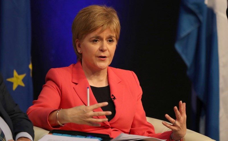 © Reuters. Scotland's First Minister Nicola Sturgeon speaks at the public Question and Answer event with EU nationals living in Scotland, at the Corn Exchange,