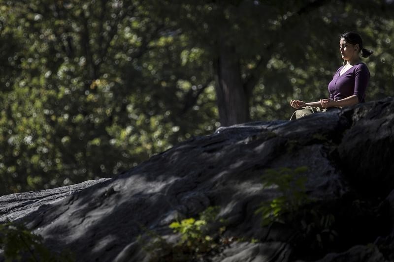 © Reuters. A woman sits on a rock in the mid-afternoon sun and meditates in Central Park in the Manhattan borough of New York