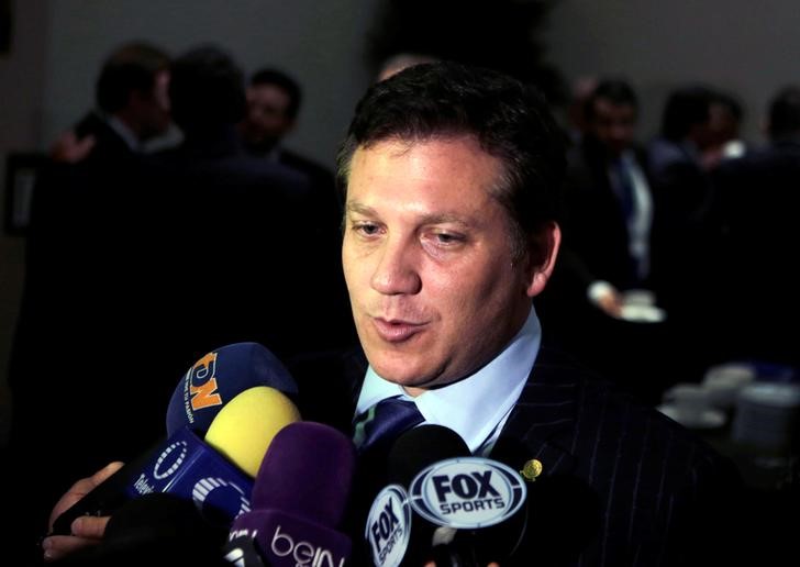 © Reuters. The South American Football Confederation (CONMEBOL) President Alejandro Dominguez speaks to the media as he takes part at the Conmebol Extraordinary Congress as part of the 66th FIFA Congress in Mexico City