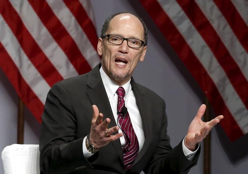 © Reuters. Secretary of Labor Thomas Perez speaks during a Plenary session on "Training Your Skilled Workforce" at the SelectUSA Investment Summit at National Harbor, Maryland