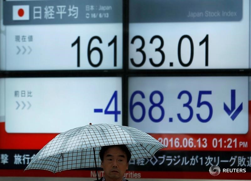 © Reuters. Мужчина проходит мимо экрана с котировкой индекса Nikkei в Токио