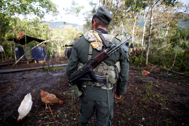 © Reuters. A member of the 51st Front of the Revolutionary Armed Forces of Colombia (FARC) walks at a camp in Cordillera Oriental