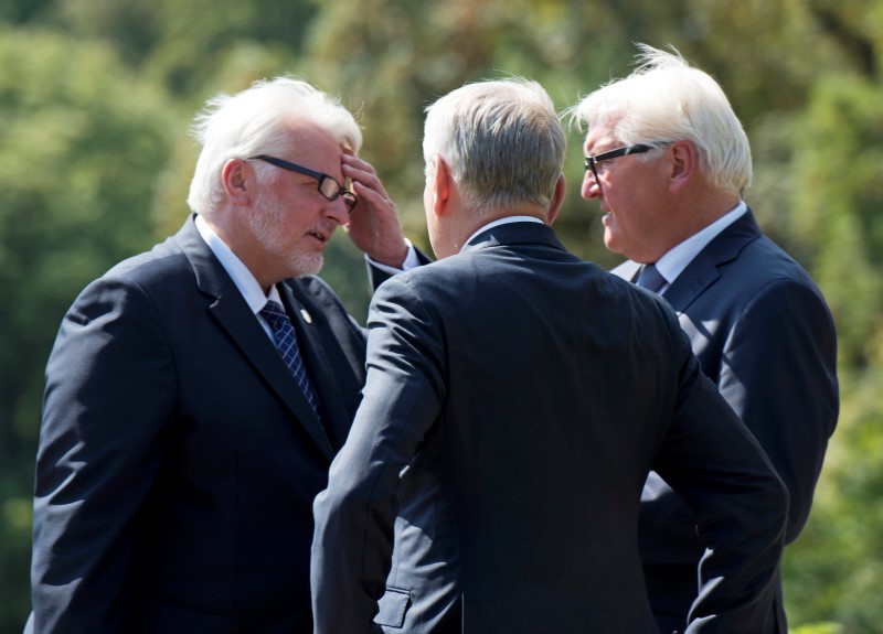 © Reuters. German Foreign Minister Steinmeier talks to the Poland's Foreign Minister Waszczykowski and French Foreign Minister Ayraultin in Weimar