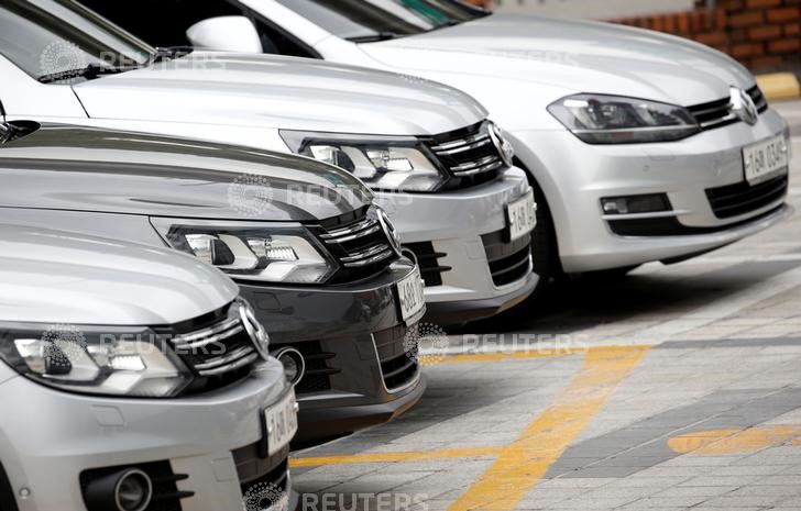 © Reuters. Volkswagen cars are parked at a dealership in Seoul