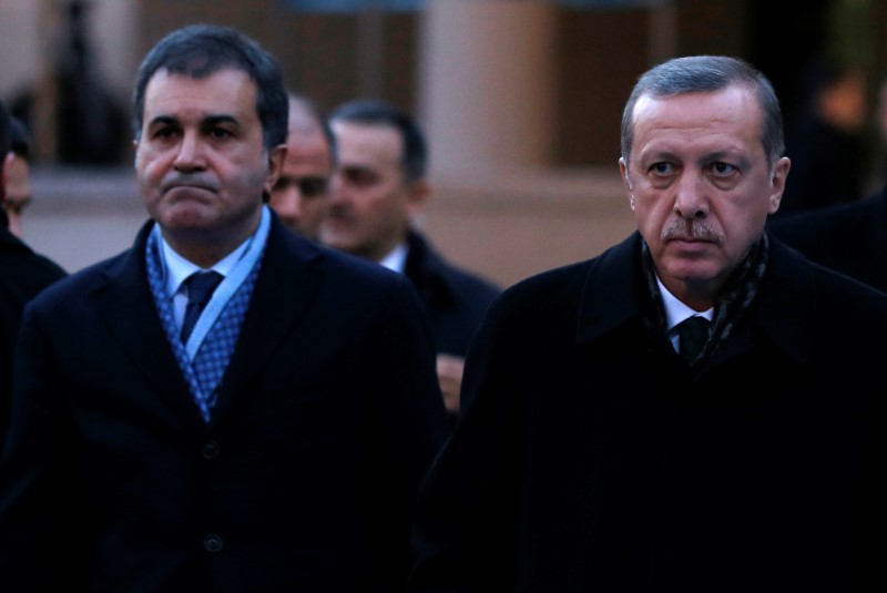 © Reuters. Turkey's PM Erdogan is flanked by Minister of Culture Celik during a ceremony in Ankara