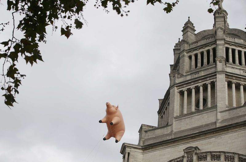 © Reuters. An inflatable pig from the band Pink Floyd floats over the Victoria and Albert Museum to promote "The Pink Floyd Exhibition: Their Mortal Remains"