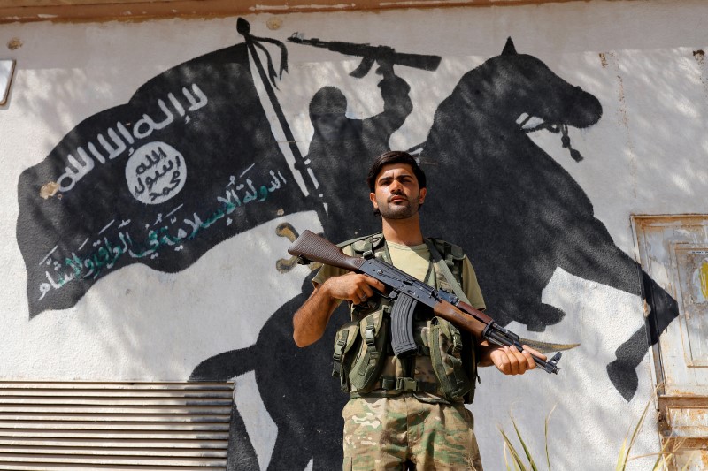 © Reuters. A member of Turkish-backed Free Syrian Army stands guard in front of a building in the border town of Jarablus