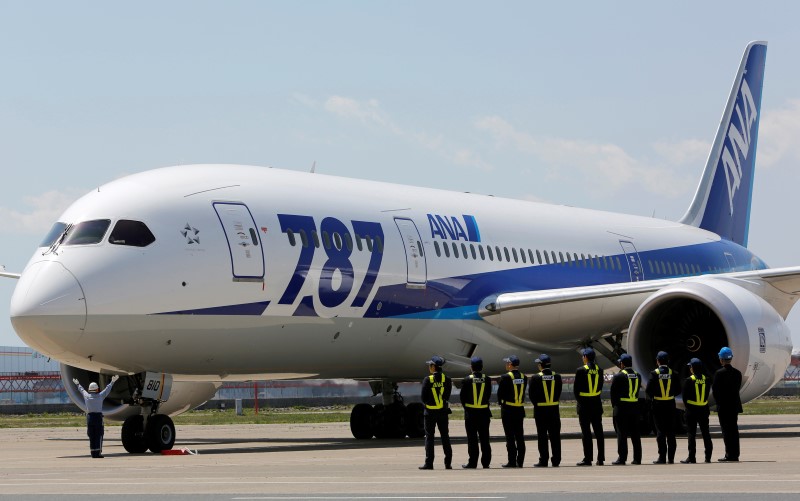 © Reuters. Employees of All Nippon Airways queue in front of the company's Boeing 787 Dreamliner plane after its test flight at Haneda airport in Tokyo