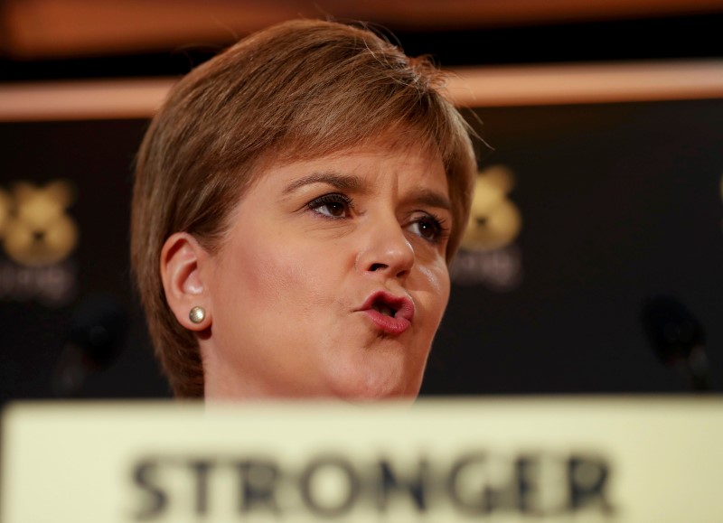 © Reuters. Scotland's First Minister Nicola Sturgeon speaks at the launch of the Scottish National Party's "biggest ever political listening exercise", in Stirling, Scotland