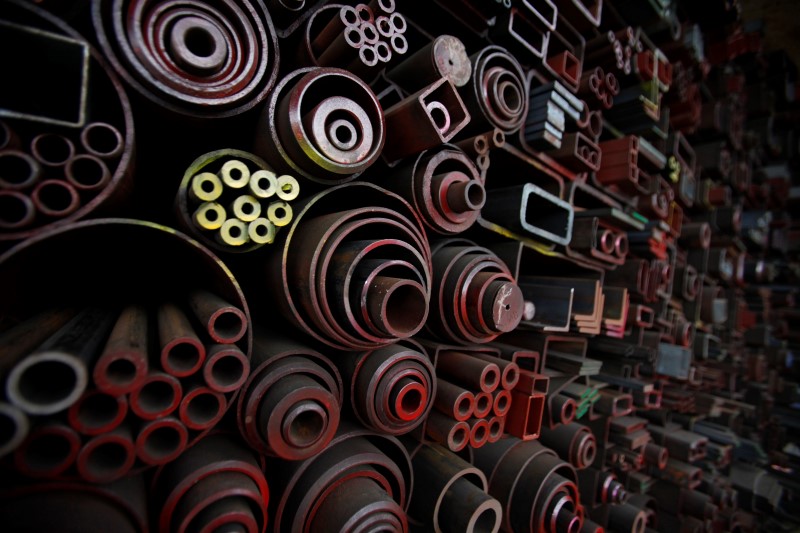 © Reuters. Steel products are pictured stacked at a steelworks in Seoul
