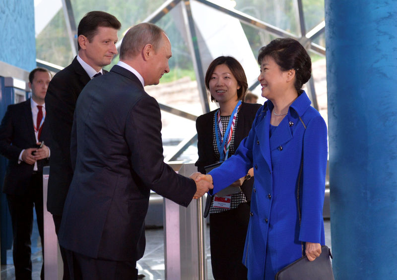 © Reuters. Russian President Vladimir Putin and South Korean President Park Geun-hye meet in Vladivostok