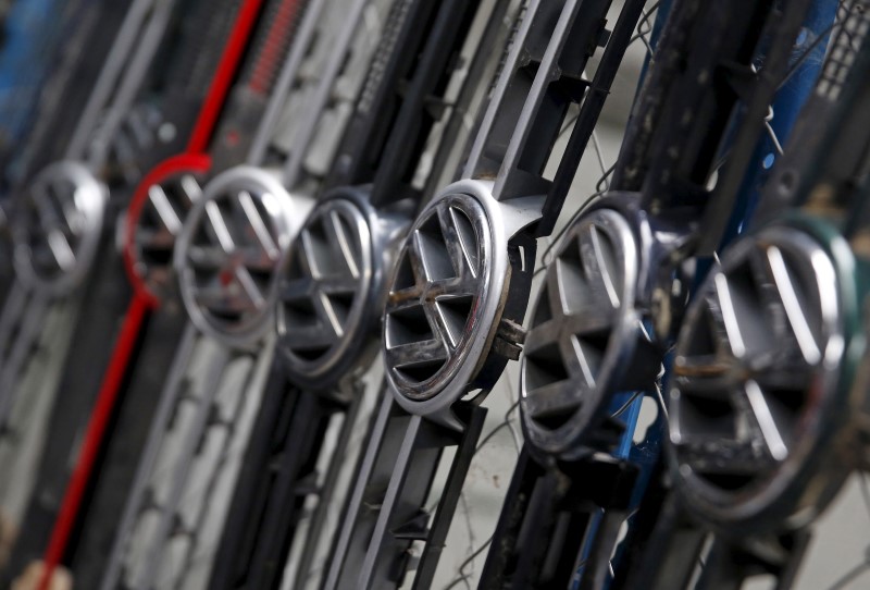 © Reuters. Volkswagen hood mask are seen in this illustration in second-hand car parts in Jelah