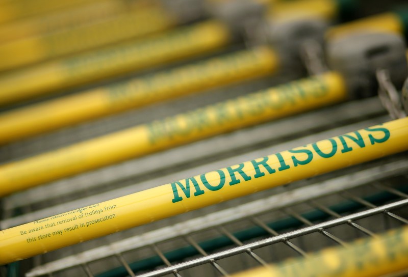 © Reuters. Shopping trolleys stand outside a Morrisons supermarket in Liverpool, northern England