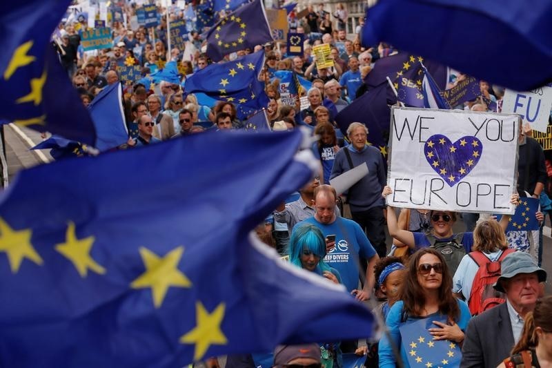 © Reuters. Pro-Europe demonstrators protest during a "March for Europe" against the Brexit vote result earlier in the year, in London, Britain