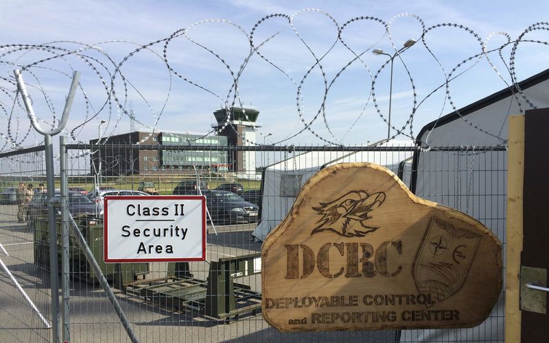 © Reuters. The entrance to the deployable command post the German Air Force is seen at the air base in Lielvarde