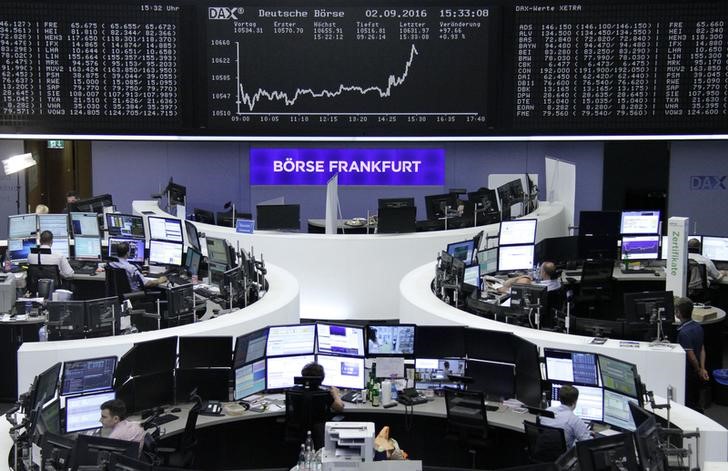 © Reuters. Traders work at their desks in front of the German share price index DAX board in Frankfurt