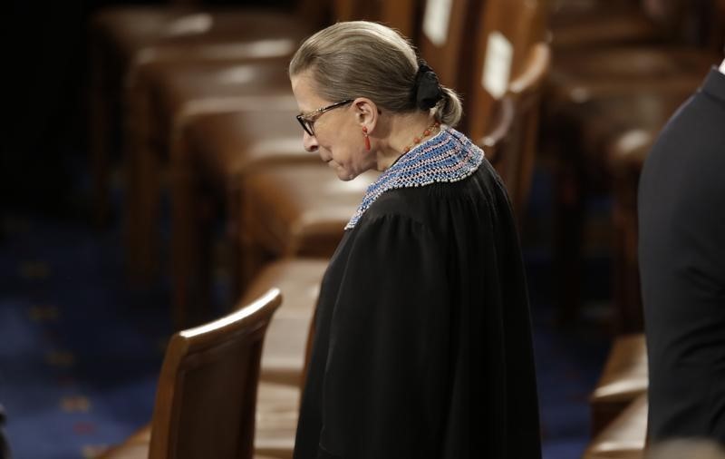 © Reuters. File photo of U.S. Supreme Court Associate Justice Ruth Bader Ginsburg arriving to watch U.S. President Barack Obama's State of the Union address to a joint session of the U.S. Congress on Capitol Hill in Washington