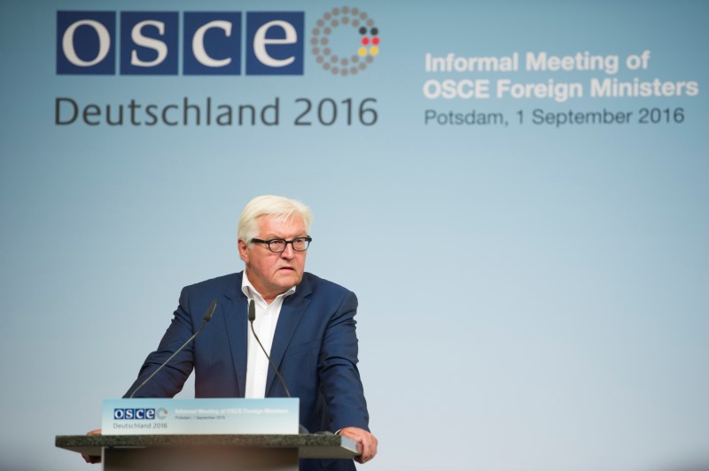 © Reuters. German Foreign Minister Steinmeier speaks during the informal OSCE Foreign Minister's meeting in Potsdam