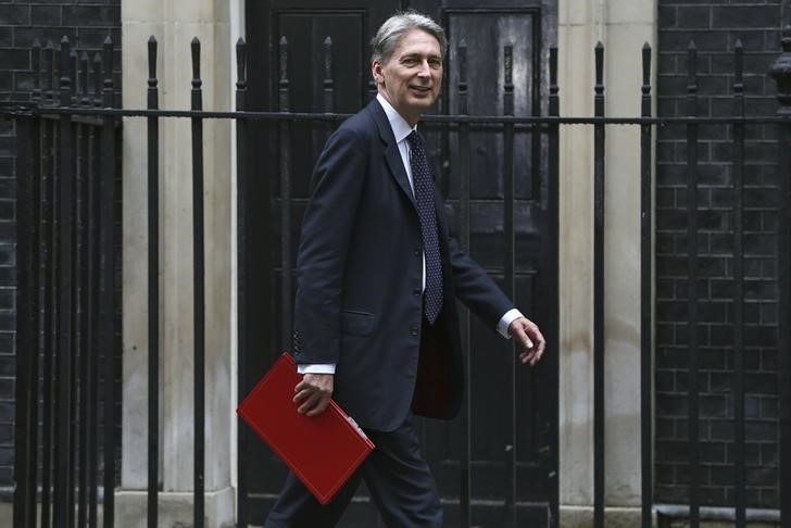 © Reuters. Britain's Chancellor of the Exchequer Philip Hammond arrives for a meeting of the "Cabinet Committee on Economy and Industrial Strategy" at Number 10 Downing Street in London