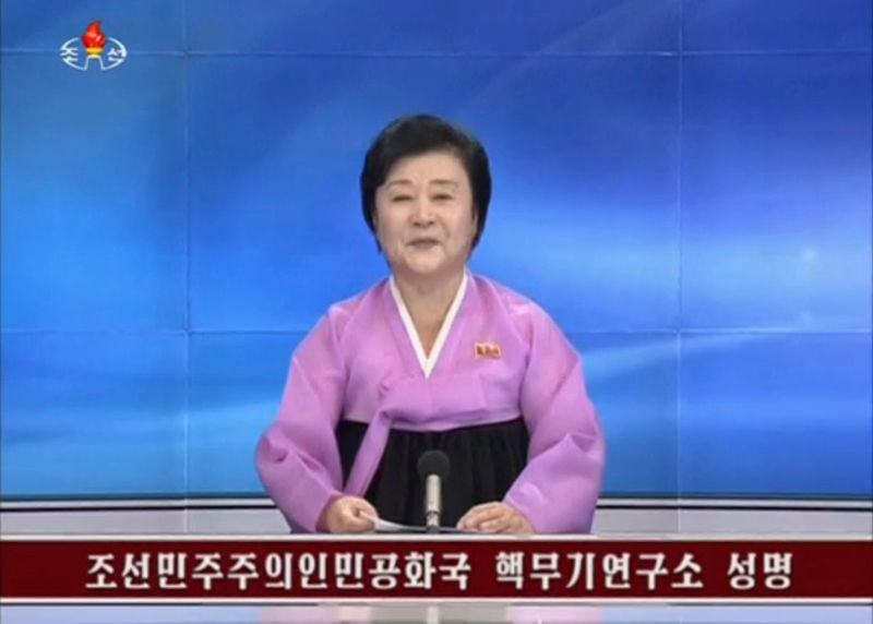 © Reuters. KRT newscaster confirming that North Korea has conducted a nuclear test