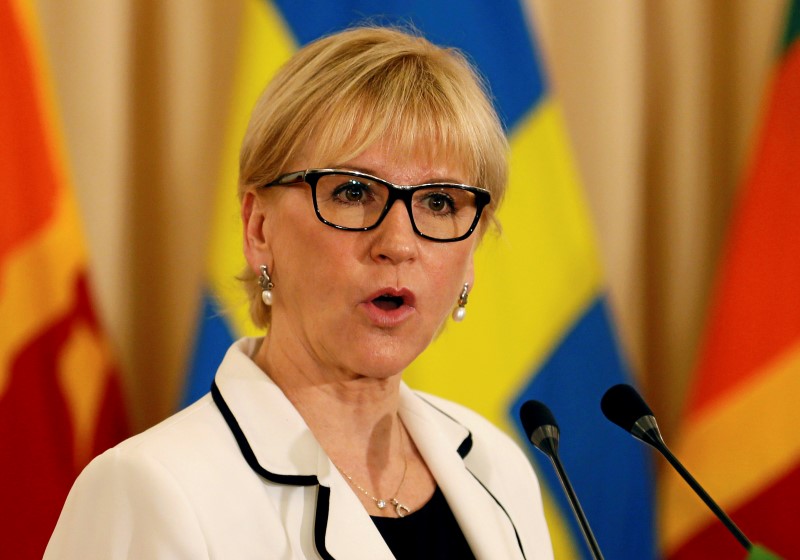 © Reuters. Swedish Foreign Minister Wallstrom speaks to media during the bilateral discussions with Sri Lankan Foreign Minister Samaraweera in Colombo