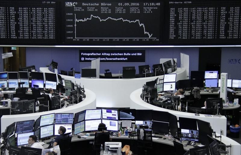 © Reuters. Traders work at their desks in front of the German share price index DAX board in Frankfurt